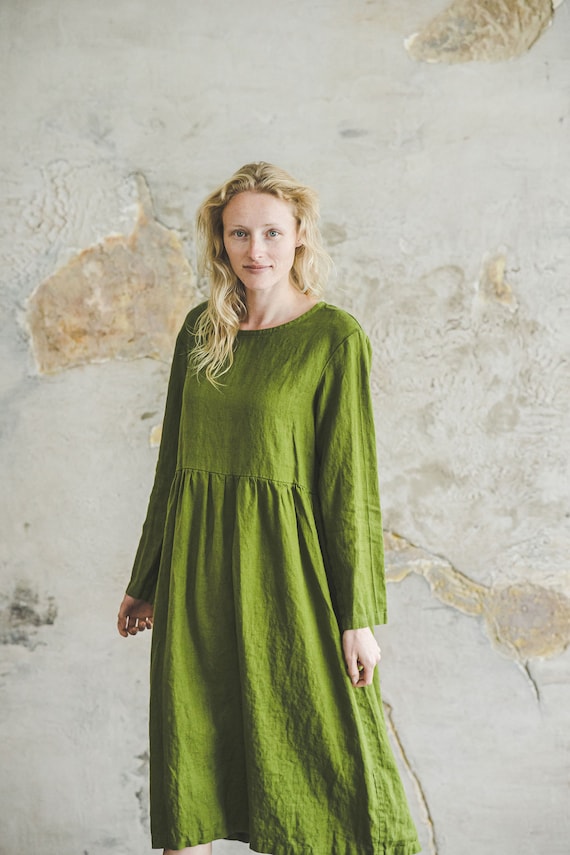 カジュアルハイウエストリネンドレスレースアップフラックスリネン  