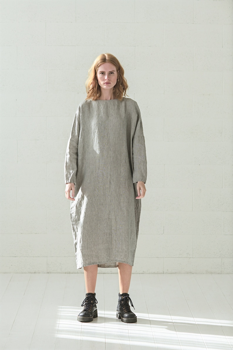 Oversize Linen Tunic Dress, Long Linen Dress, Maxi Linen Dress with Long Sleeves image 2