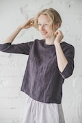 Classic Linen Blouse, Women Linen Top 3/4 Sleeves / Round Neck Linen Top / Office Linen Blouse