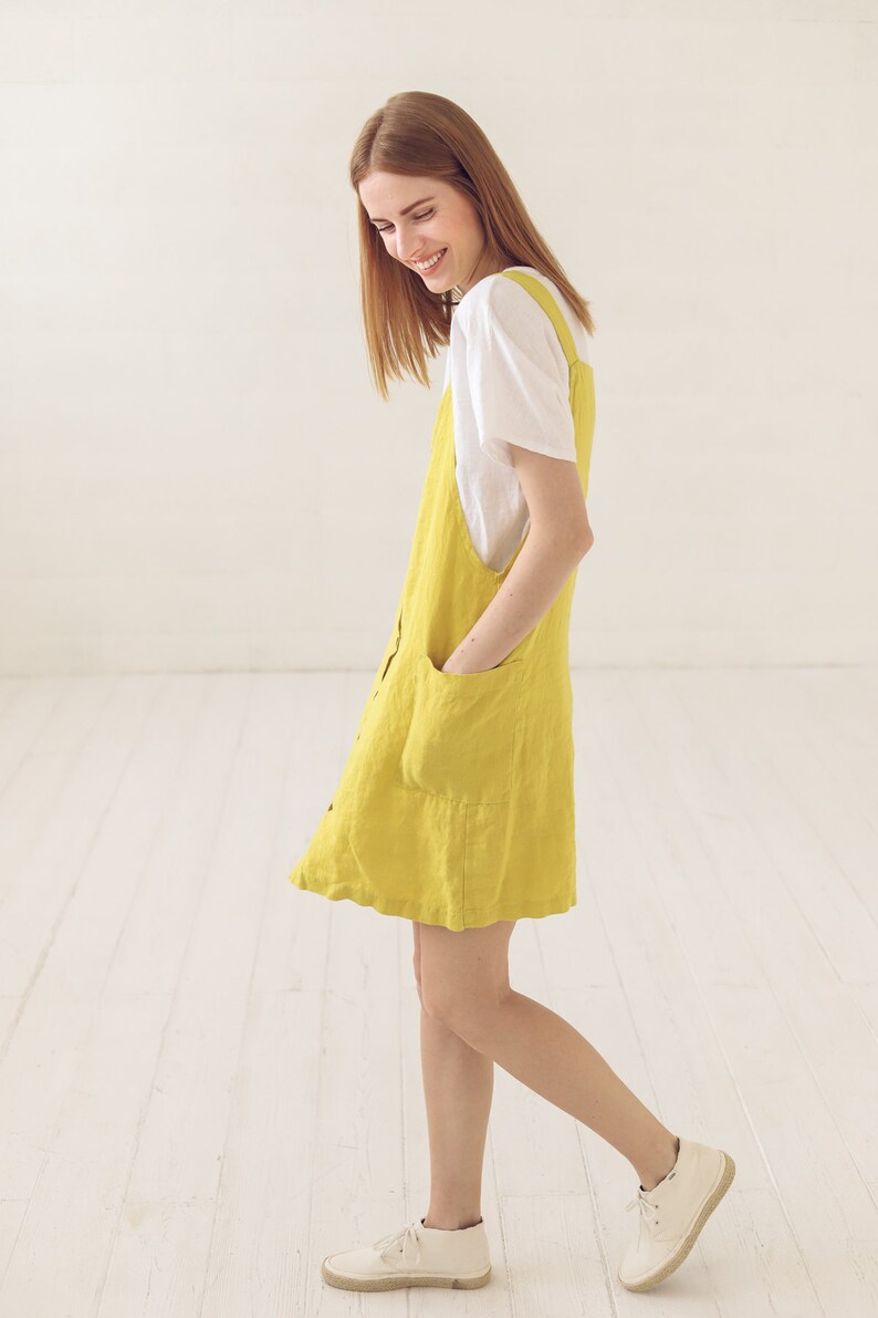 Mini Apron dress Linen Pinafore Dress Jumper Linen Dress Slip Women Summer Dress