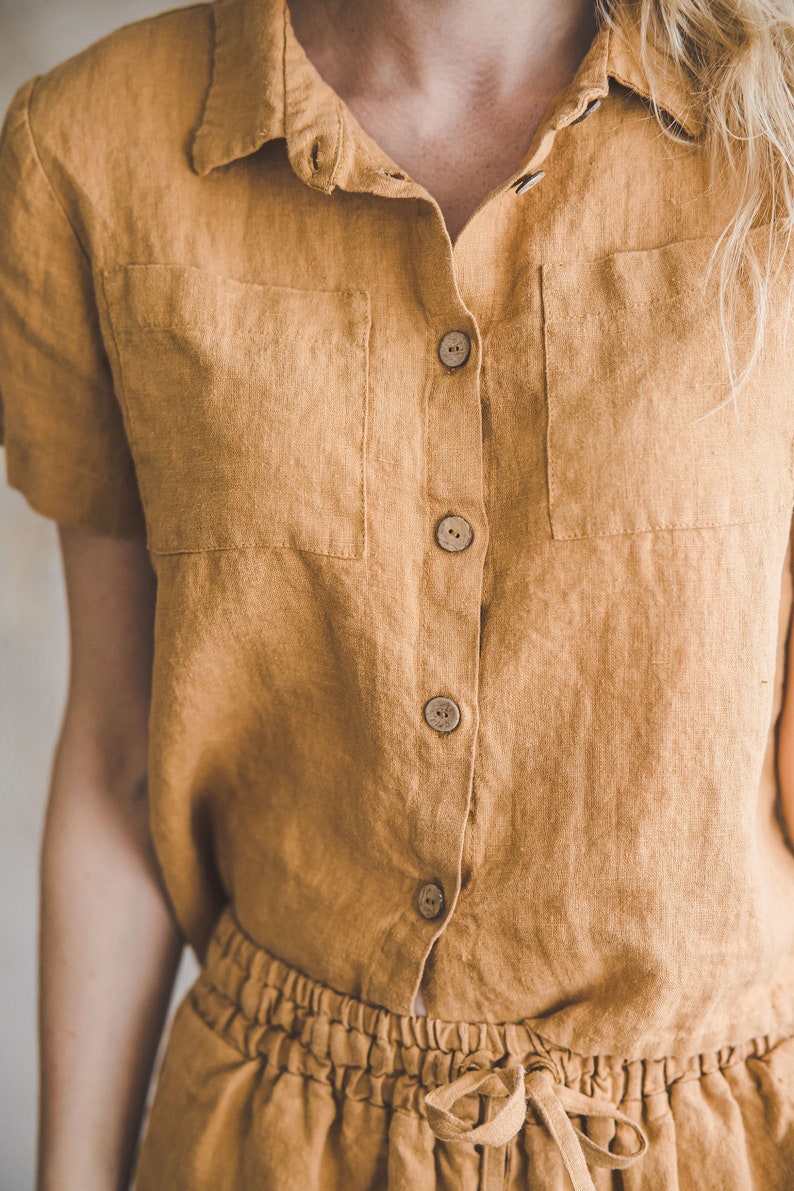 Short Linen Shirt Loose Style / Linen Summer Shirt / Linen Buttoned Blouse / Peter Pan Collar Shirt image 2