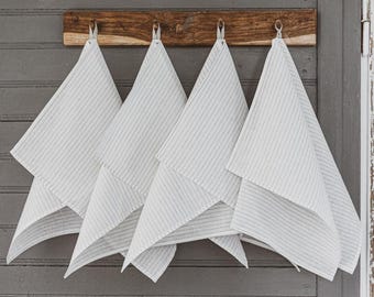 White Striped Linen Kitchen Towels, Set of 4: Eco-Friendly Handmade Tea Towels