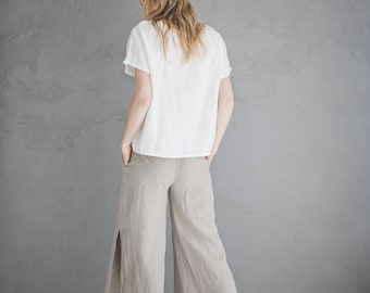 Linen Pants With Side Split, Wide Leg Linen Trousers, Summer Linen Pants With Side Split, Wide Leg Linen Trousers, Summer
