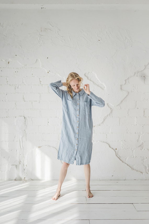Ice Blue Linen Shirt Dress: Midi Buttoned Summer Dress