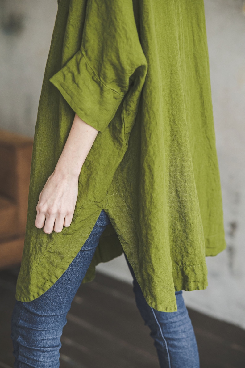Linen Oversized Shirt Moss Green Kimono Sleeves Linen Shirts | Etsy