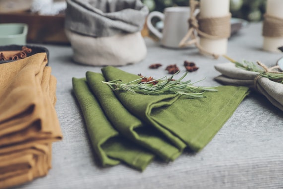 MOSS GREEN Linen Napkin Set: 2, 4, 6, 8, 10, 12 Napkins. Olive