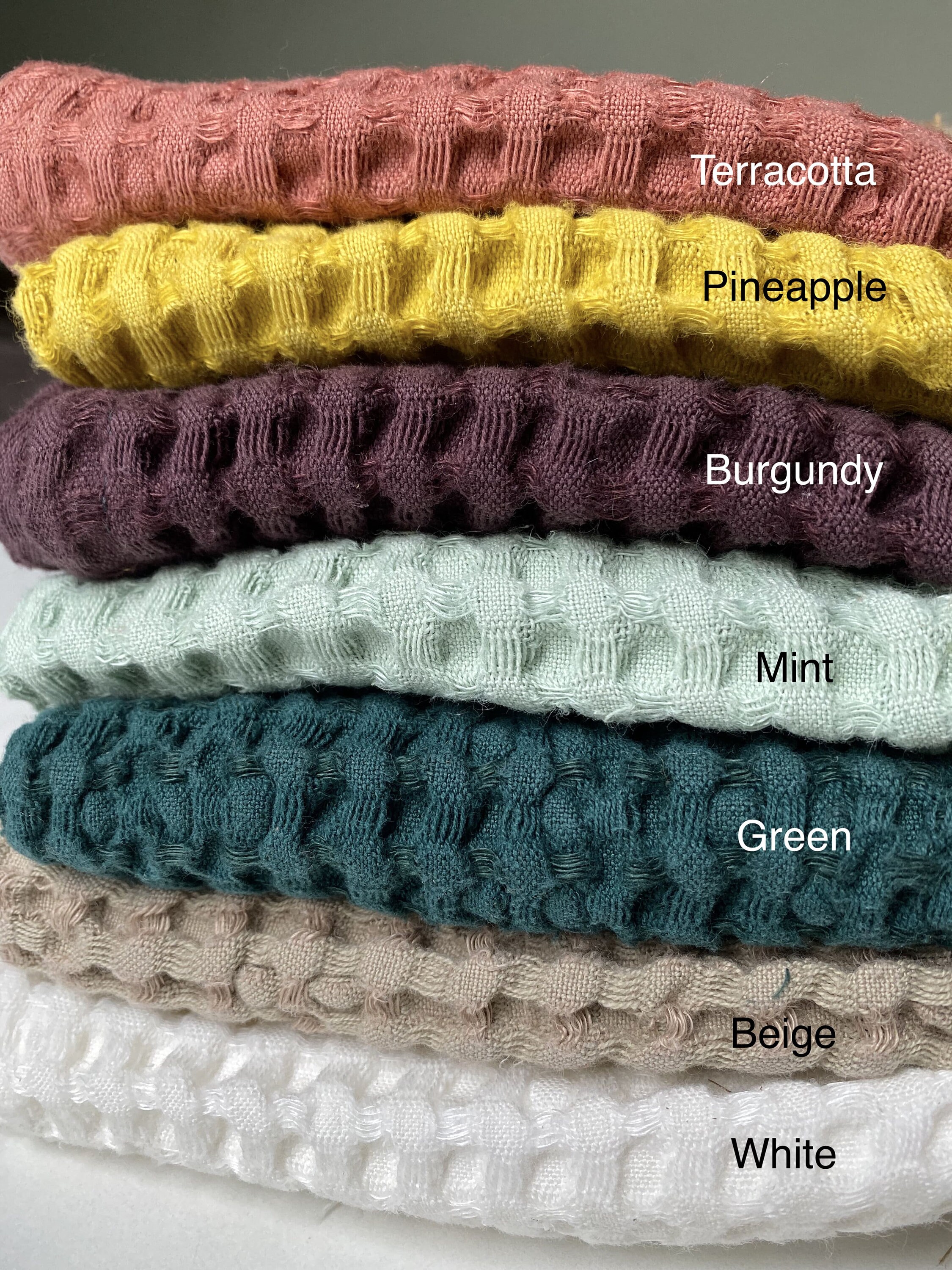 リネンワッフルタオルセット：エメラルドグリーンコットンブレンド