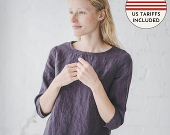Classic Linen Blouse: Women's 3/4 Sleeve Round Neck Top