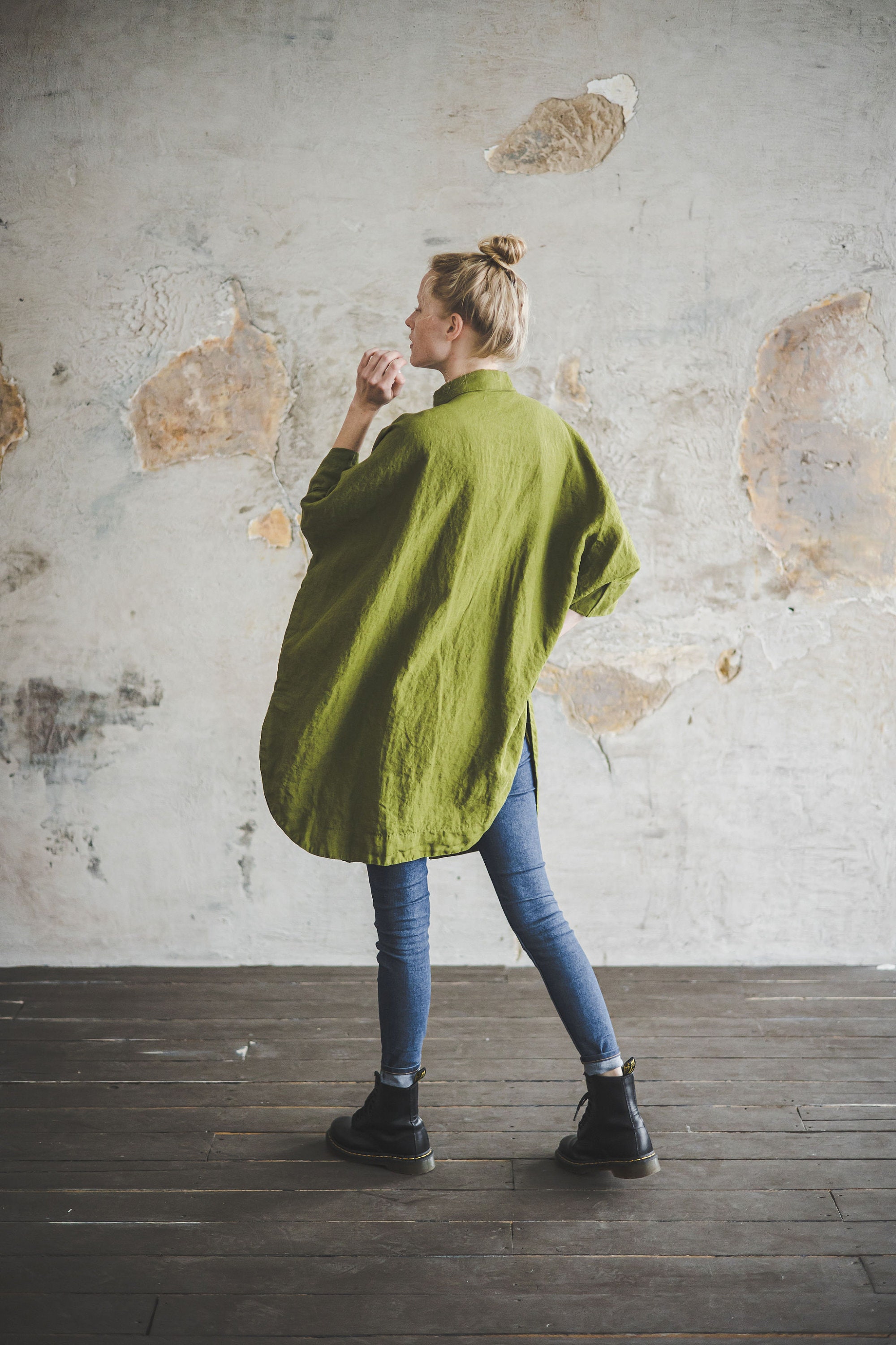 Moss Green Linen Shirt: Kimono Sleeve Retro Style - Etsy