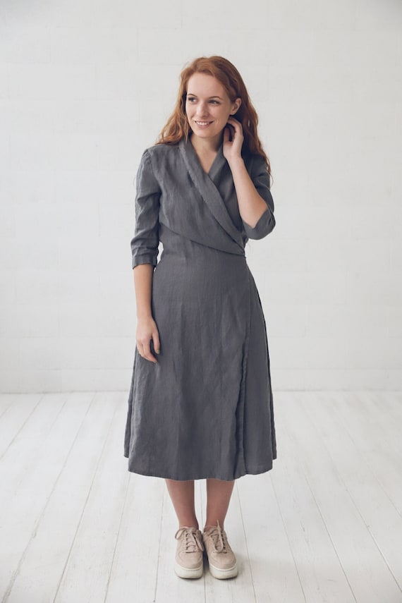 Linen Wrap Dress, Long Linen Dress, Gray Elegant Maxi Dress 