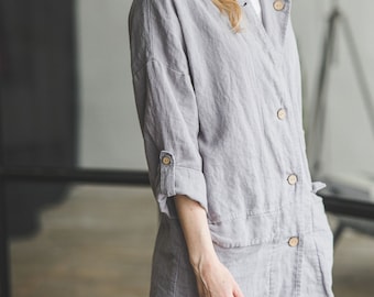 Loose Linen Jacket with Pockets: Oversized Casual Coat