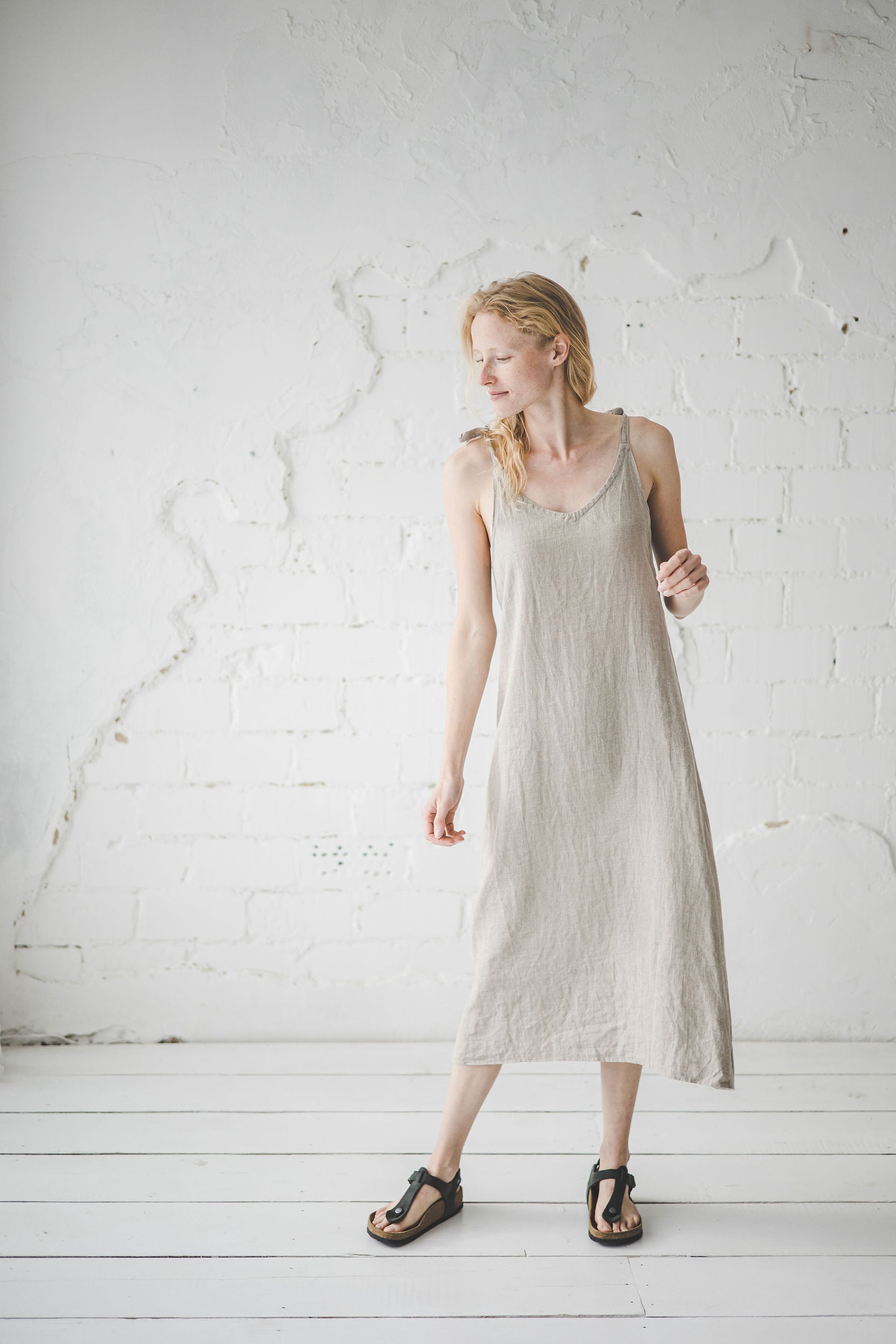 Midi Linen Dress: Sleeveless Summer Spaghetti Strap Dress