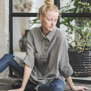 Linen Oversized Shirt, Wide Sleeves Women Shirts, Drop Shoulders One Size Shirt