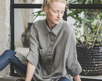 Leinen Oversized Shirt, Frauen Shirts, Drop Schultern One Size Shirt mit weiten Ärmeln