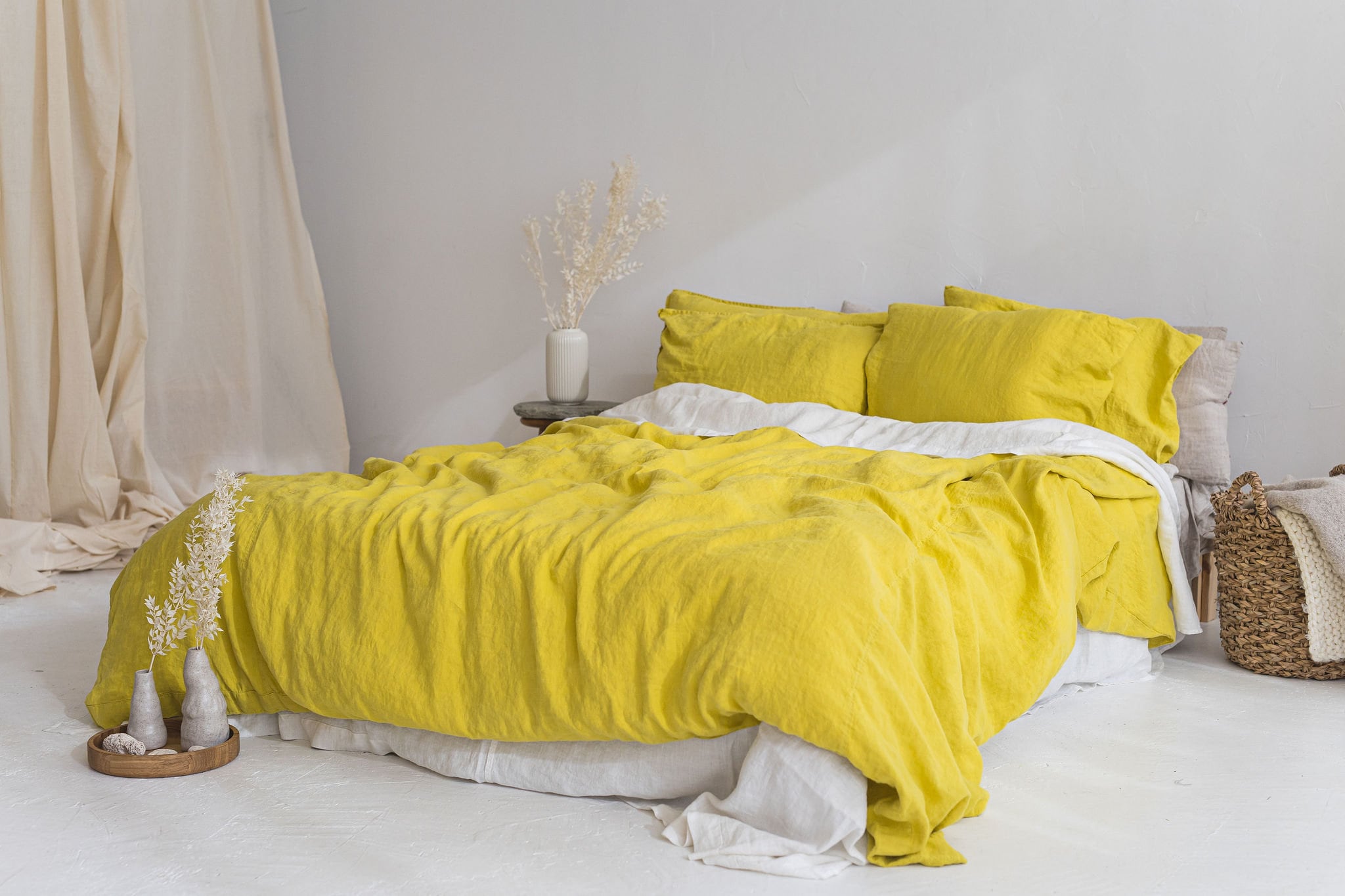 Linen Duvet Cover in Moss Yellow. Washed Linen Bedding. Custom Sizes.  Farmhouse, Boho Decor. 