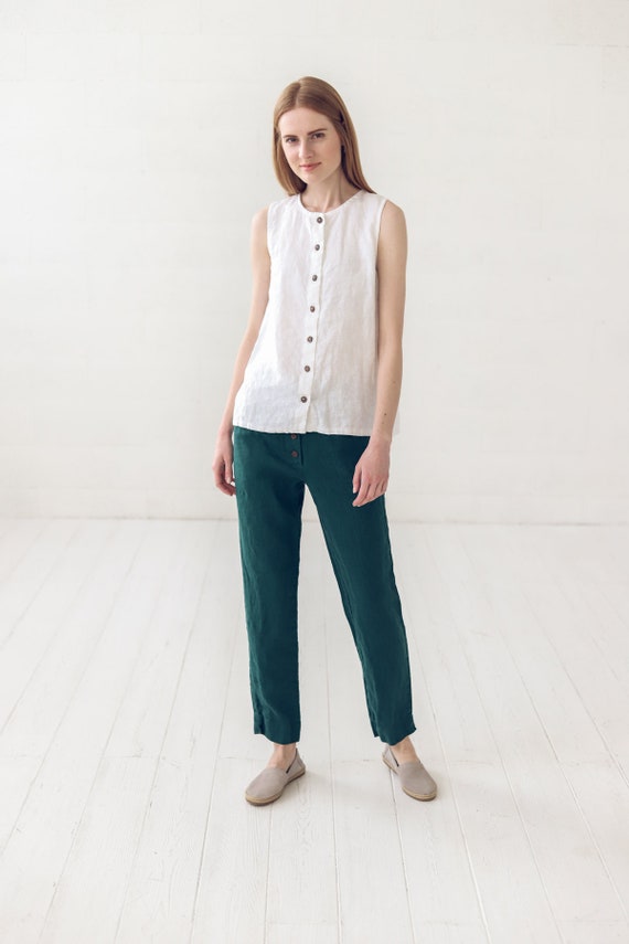 Blusa de lino Camisas clasicas blancas sin mangas para mujer Blusa suelta de verano Etsy Espana