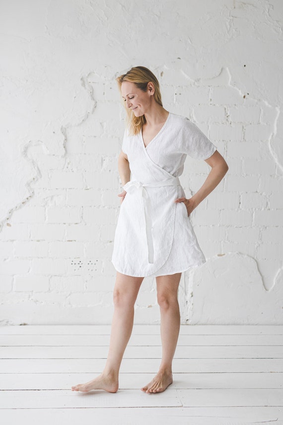 White Wrap Linen Dress Bridesmaids Linen Dress Swing Linen Skirt
