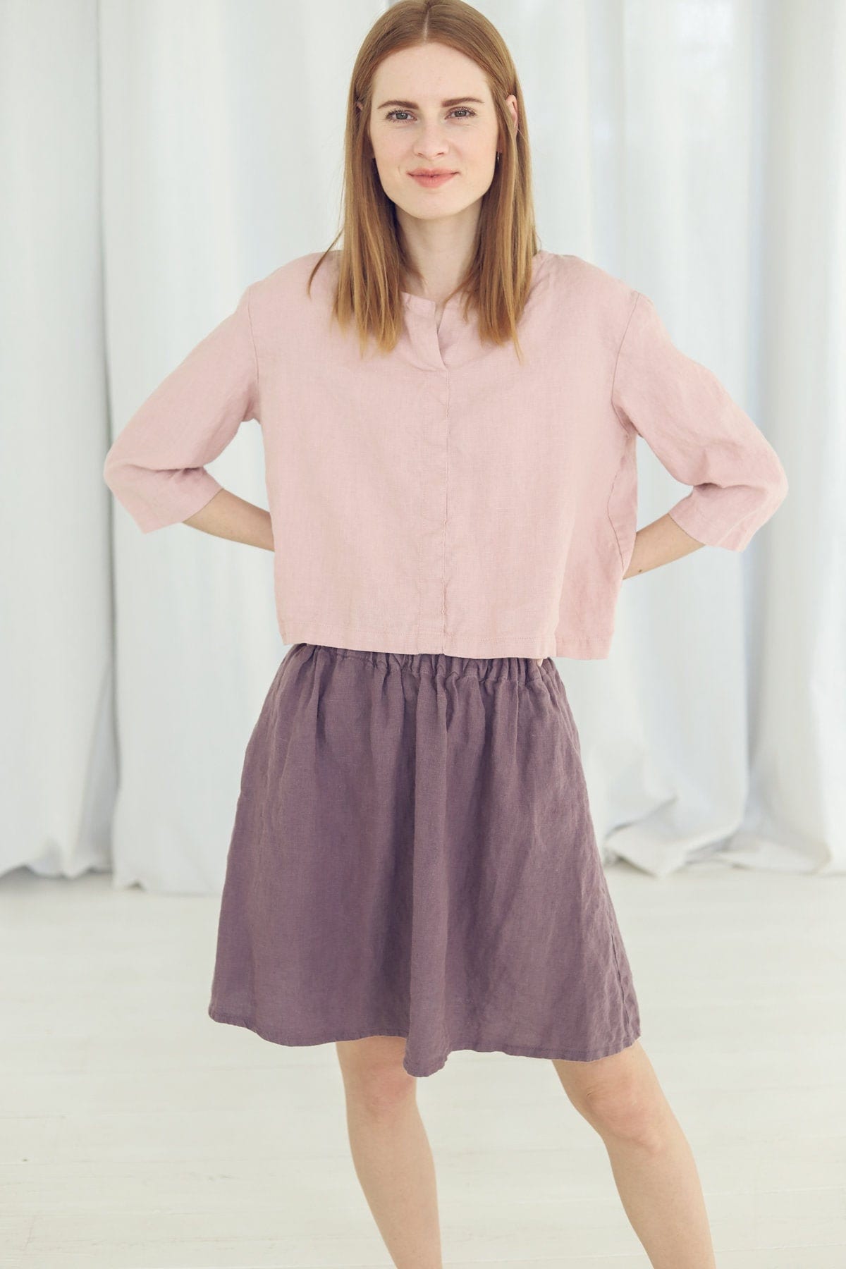 Linen Crop Top: 3/4 Sleeve Summer Blouse