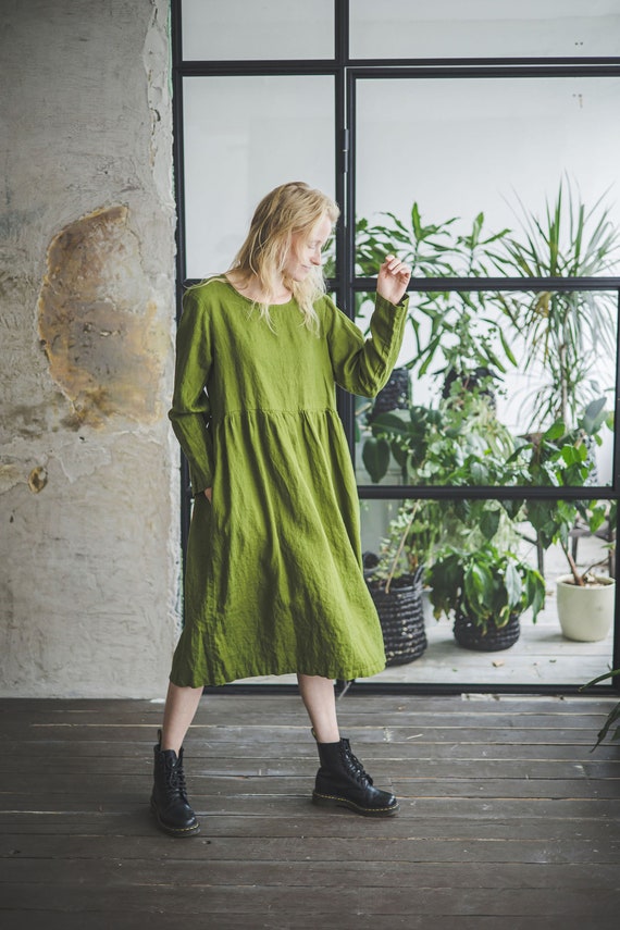 Lace-Up Linen Dress: Long Sleeve Flax Casual Dress