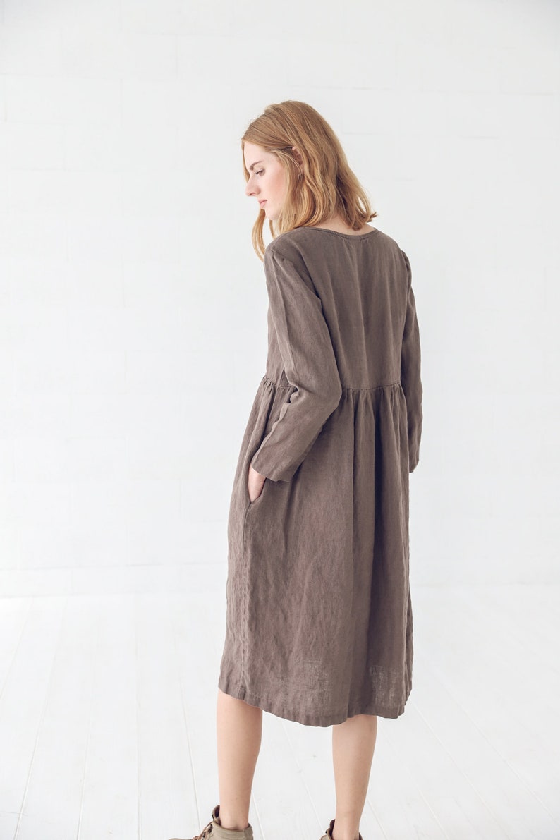 Swing Linen Dress with Long Sleeves, Soft Maxi Linen Dress image 3