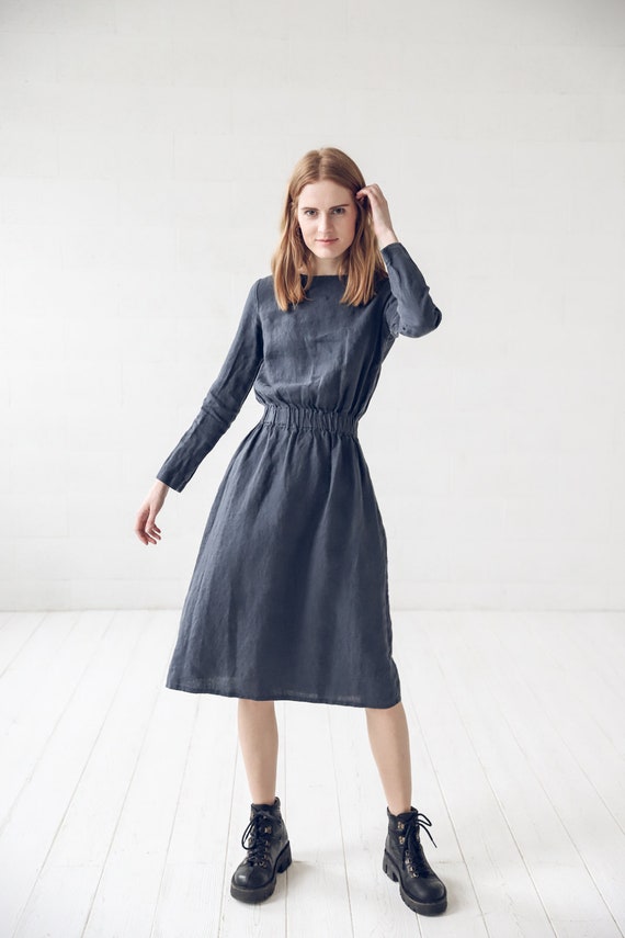 european linen dress Long Sleeve Linen Dress: Soft European Linen, Elastic Waist