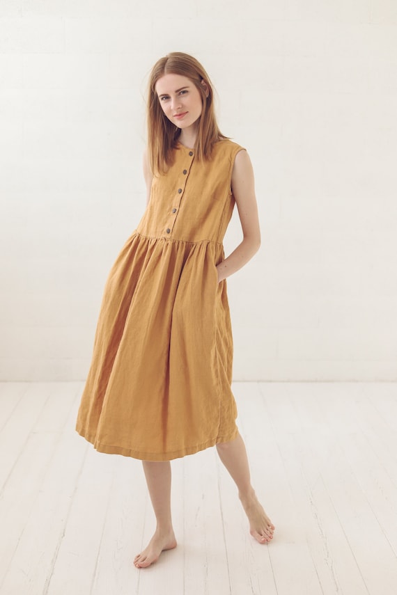 Linen Swing Dress: Sleeveless Summer Shirt Dress with Buttons
