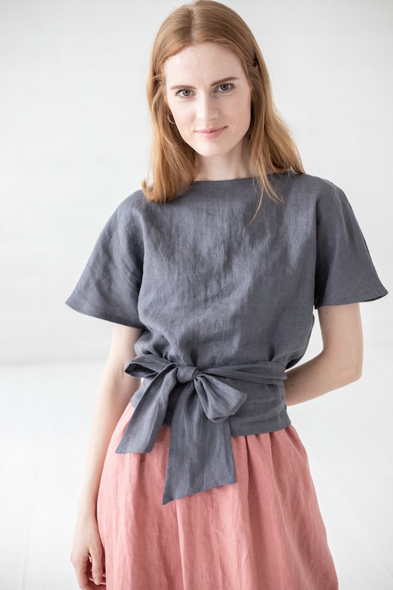 Blusa de lino con lazo en la cintura blusa corta tipo kimono de lino blusa de lino con nudo en la parte delantera Etsy Espana