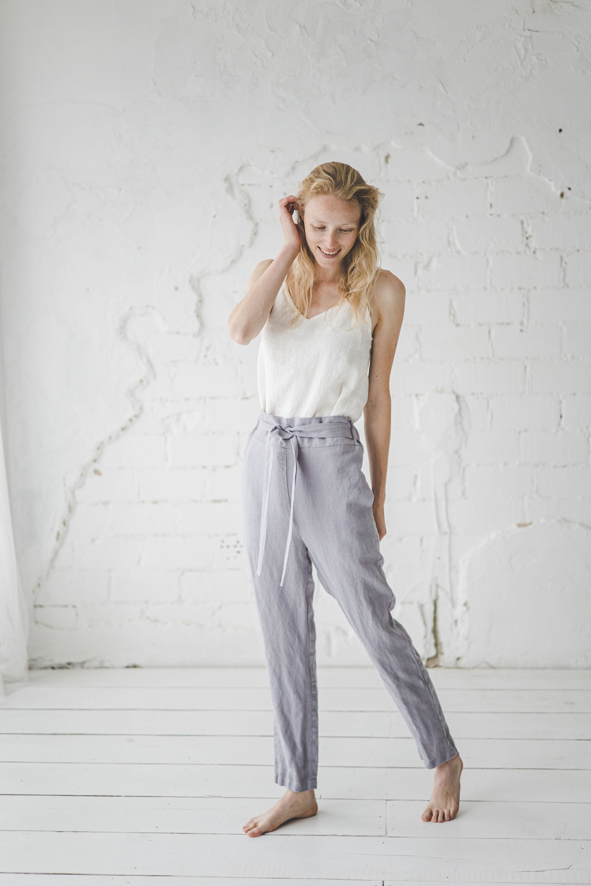 Slim Ankle Linen Trousers, Linen Pants High Waisted, Women Pants With Belt,  Tapered Linen Pants -  Australia