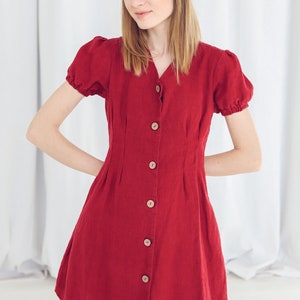 READY TO SHIP Short Linen Dress / Summer Linen Dress / Puffed Sleeves Linen Dress image 2