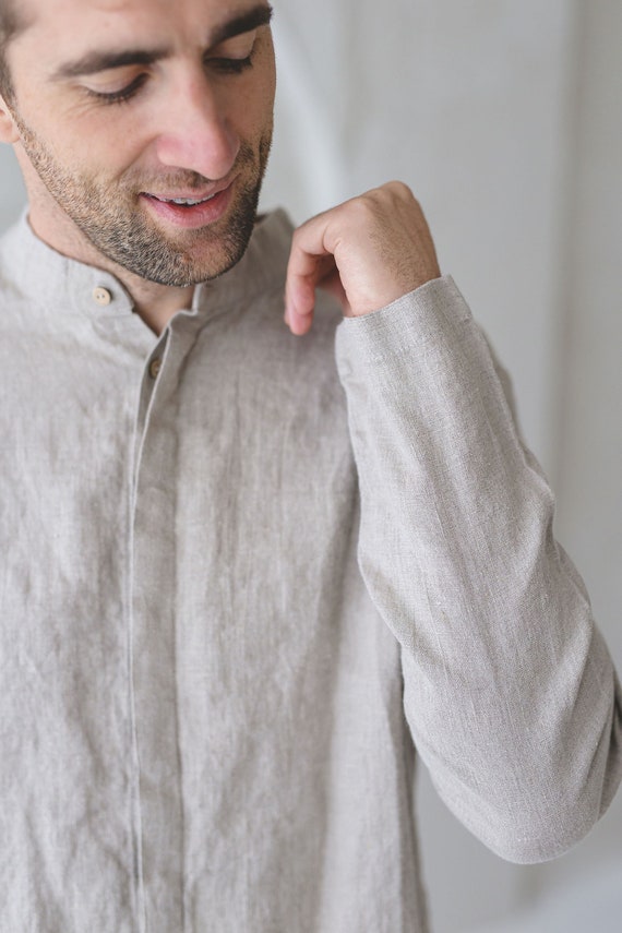 【DISCERNMENT】S/S Linen Hidden Button Light Shirt Linen Men's Shirt With Hidden Buttons / Long Sleeves Linen