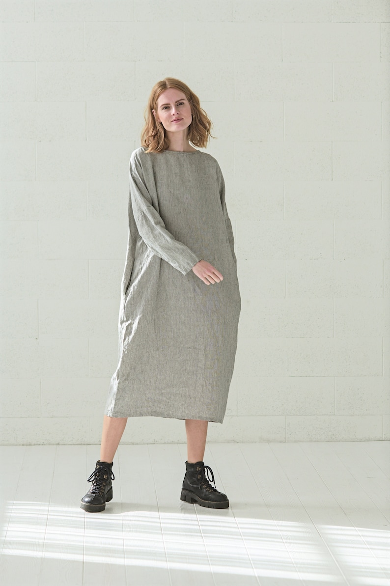 Oversize Linen Tunic Dress, Long Linen Dress, Maxi Linen Dress with Long Sleeves image 1