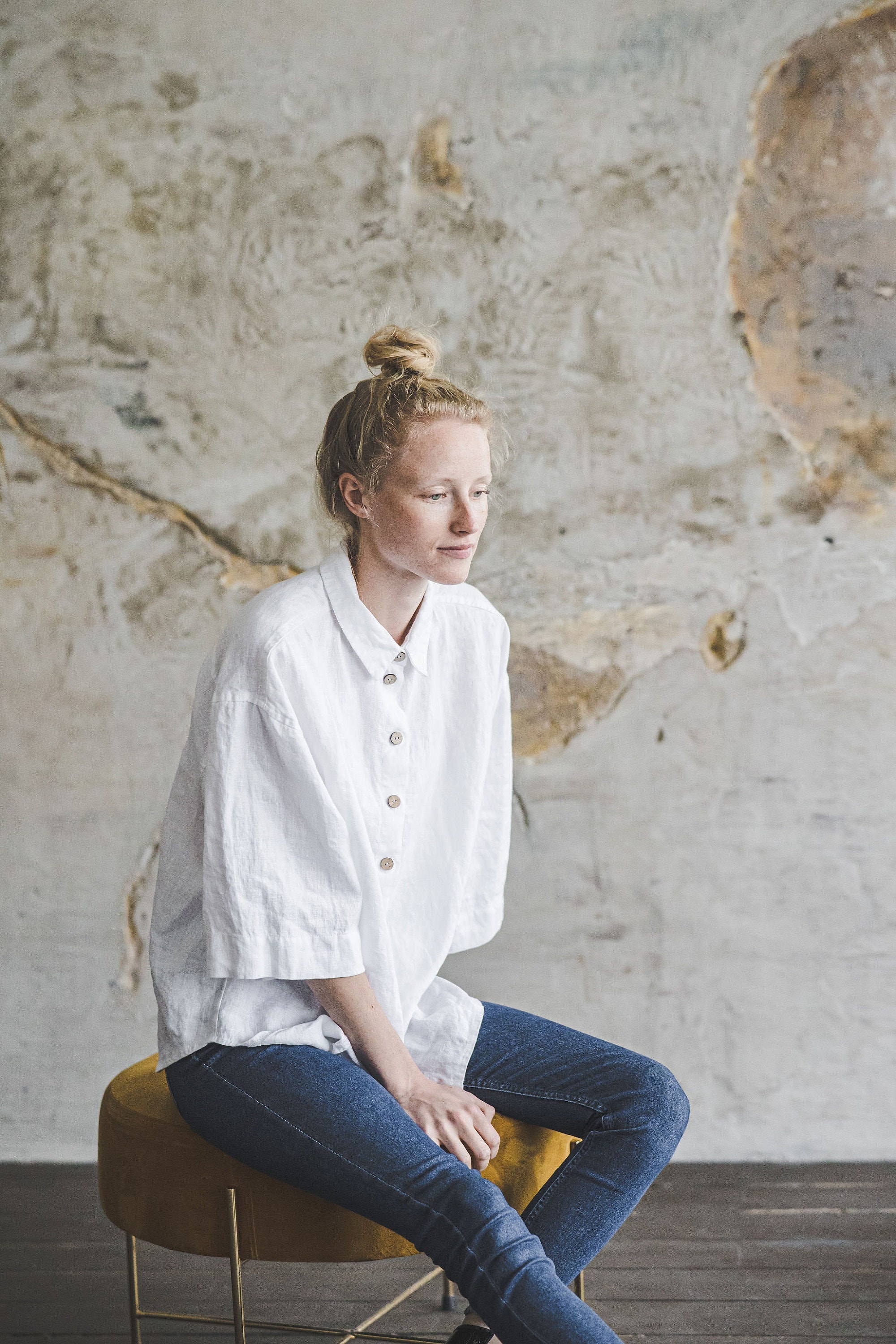 トップス HOLIDAY CHECK LINEN BIG COLLAR BLOUSE Womens Linen Blouse 3/4 Sleeve Oversized Button Up Tee