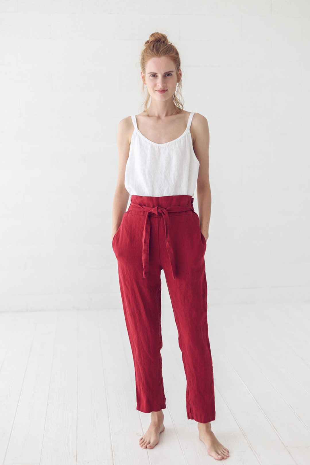 Linen Pants High Waisted, Soft Washed Linen Pants, Elastic Waist Band
