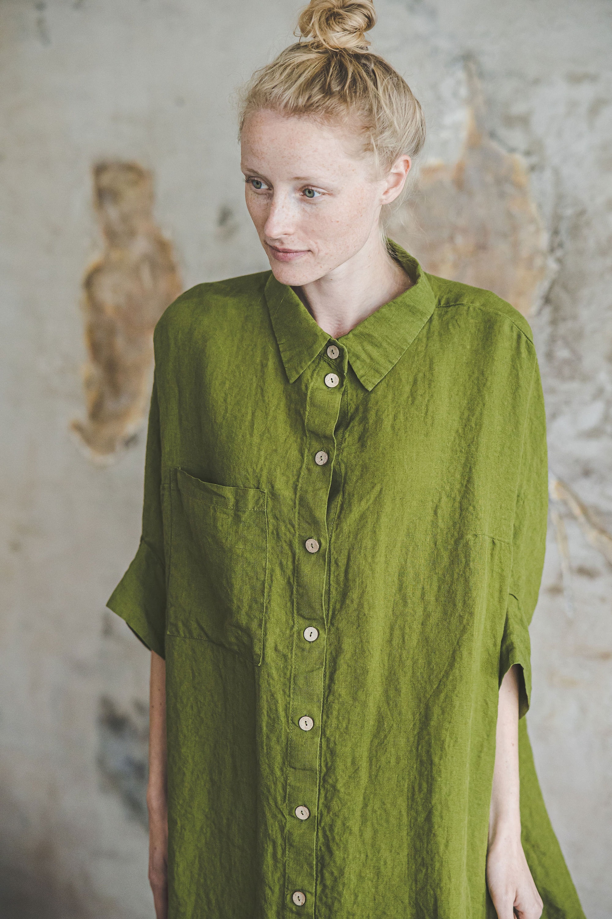 Moss Green Linen Shirt: Kimono Sleeve Retro Style - Etsy