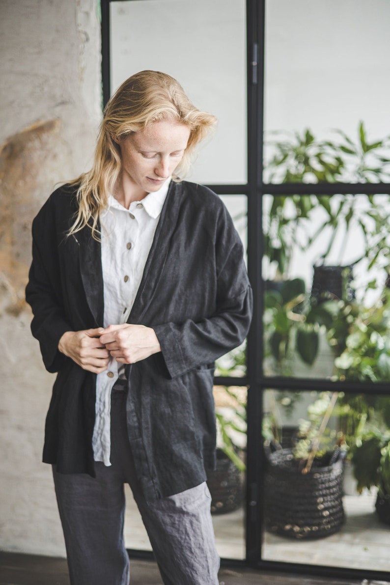 Simple Linen Black Jacket, Relax Fit Linen Cardigan Jacket, Boho Linen Jacket, Wrap Linen Coat Cardigan, Office Outfit image 1