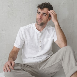 Men&#39;s Linen Shirt, Short Sleeve Linen Shirt, Button up Men&#39;s Linen Shirts, Classic Pressed Collar Linen Summer Men&#39;s Shirts
