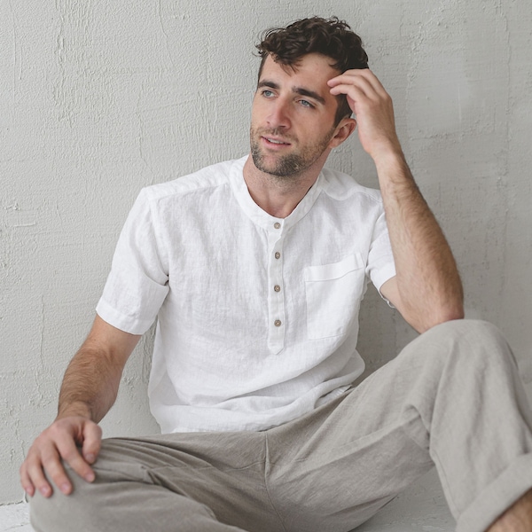 READY TO SHIP Men's Linen Shirt, Short Sleeve Linen Shirt, Button up Men's Linen Shirts, Classic Pressed Collar Linen Summer Men's Shirts