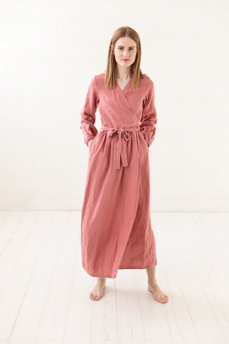Maxi Wrap Linen Dress / Long Bridesmaids Linen Dress / Summer Women Dress image 1