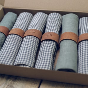 Leinen Servietten mit Lederringen 6er Set / Personalisierte Housewarming Geschenk