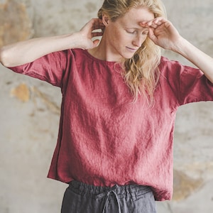 Minimalistische Flachs-Leinen-Bluse: Frauen 3/4 Ärmel Top