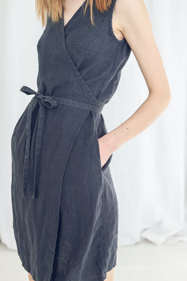 Classic Wrap Linen Dress Sleeveless Woman Dress Casual Dress - Etsy