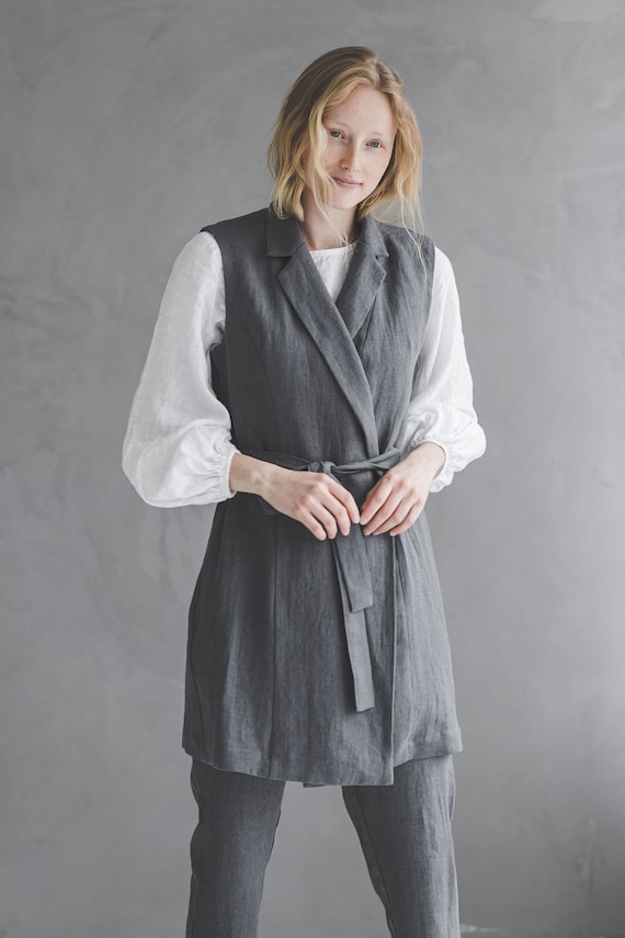 Linen Sleeveless Cardigan: Long Vest With Belt - Etsy