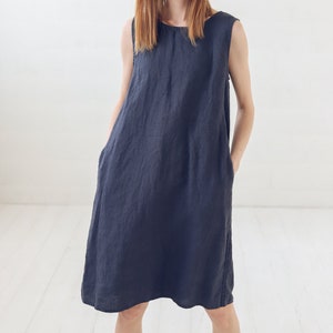 Everyday Basic Linen Dress / Minimalist A Line Midi Dress / Simple Dress With Pockets image 3