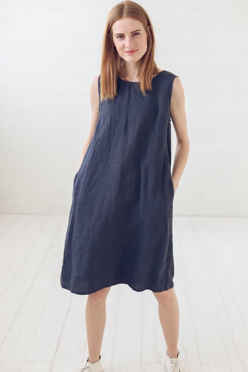 Everyday Basic Linen Dress / Minimalist A Line Midi Dress / Simple Dress With Pockets image 3