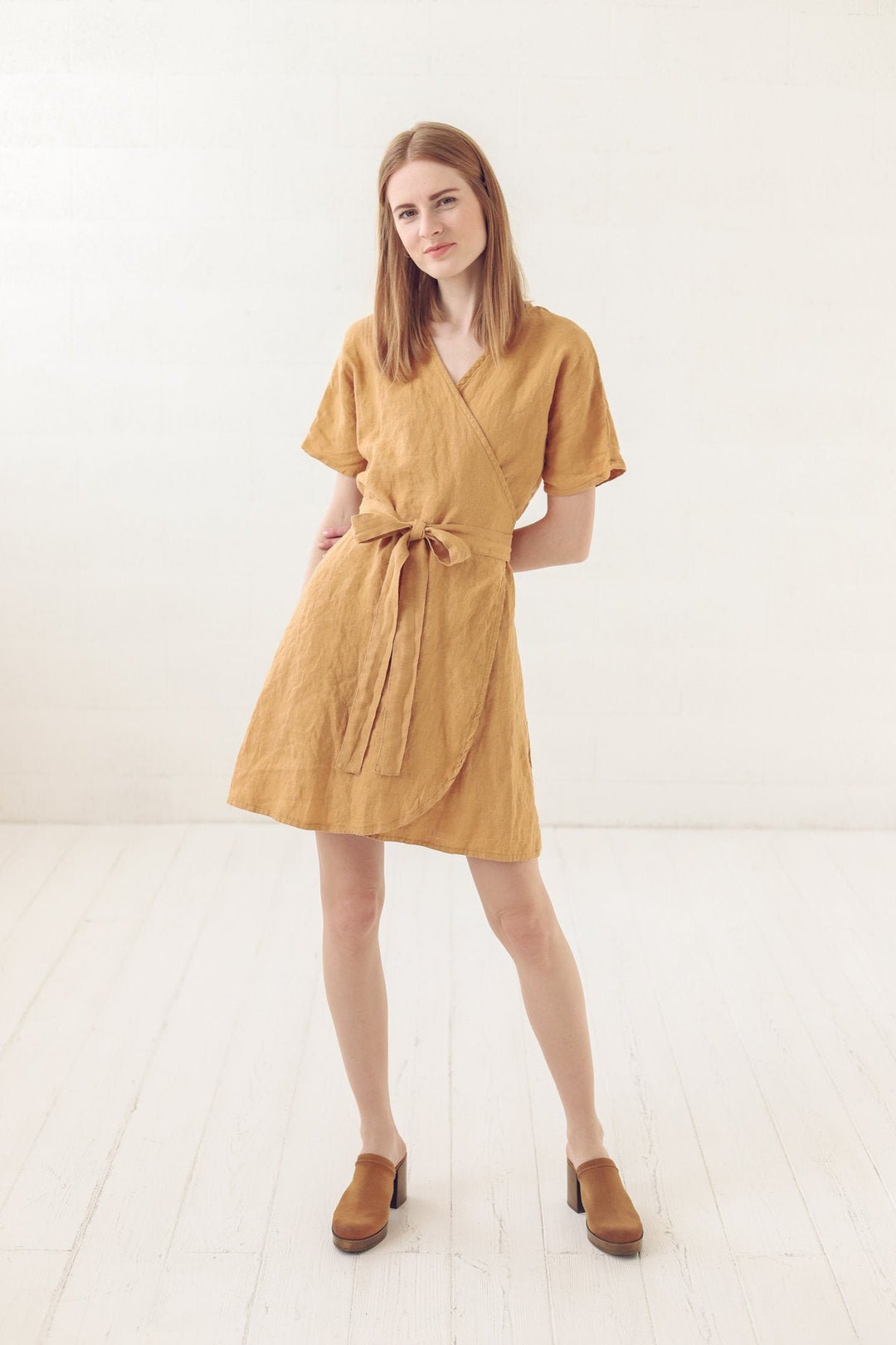 Wrap Linen Mini Dress: Kimono Style Summer Dress