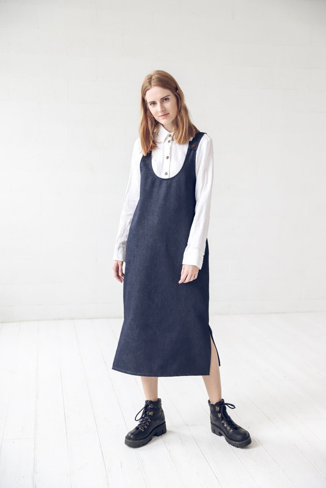 Denim Pinafore Dress / Maxi Office Dress / Minimal Pinafore | Etsy