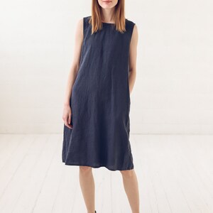 Everyday Basic Linen Dress / Minimalist A Line Midi Dress / Simple Dress With Pockets image 2