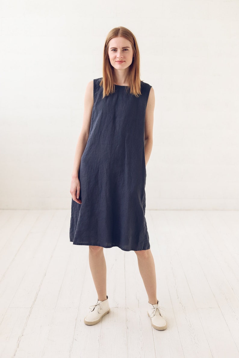 Everyday Basic Linen Dress / Minimalist A Line Midi Dress / Simple Dress With Pockets image 2