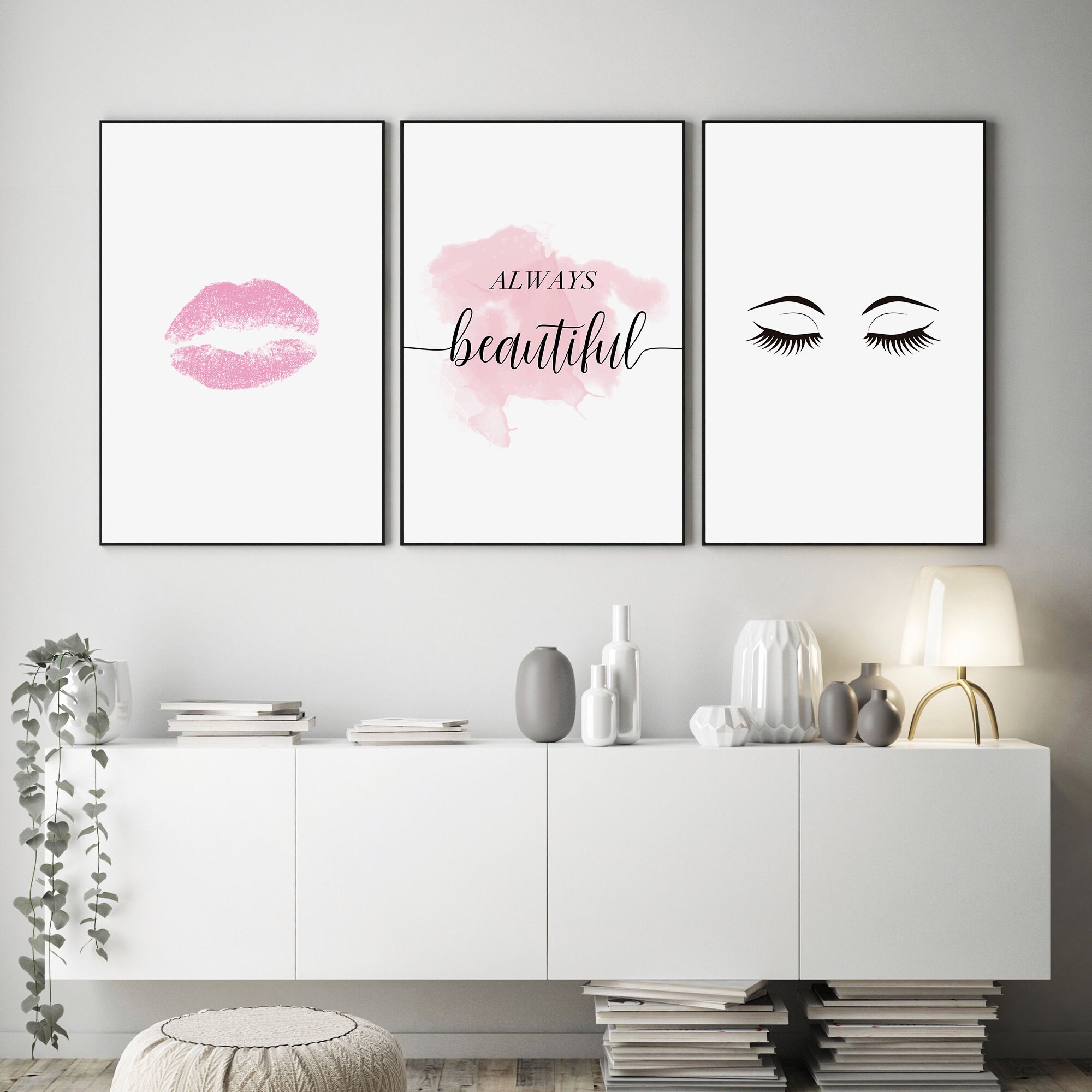 Makeup wall art Lips wall art Set Of 3 prints Lash decor Etsy