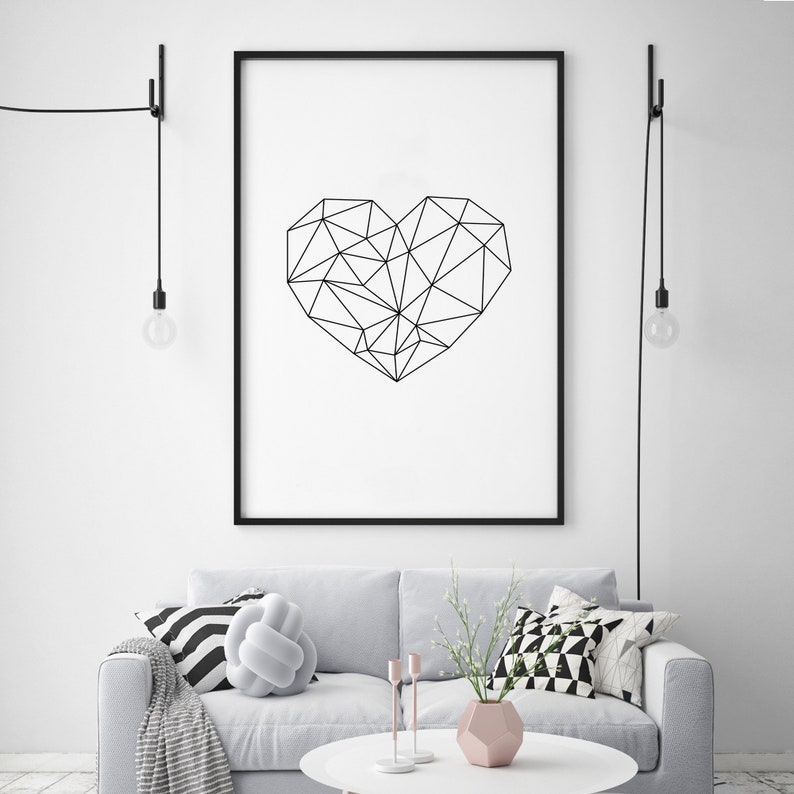 Heart Geometric Print Minimalist Heart Wall Art Black And Etsy